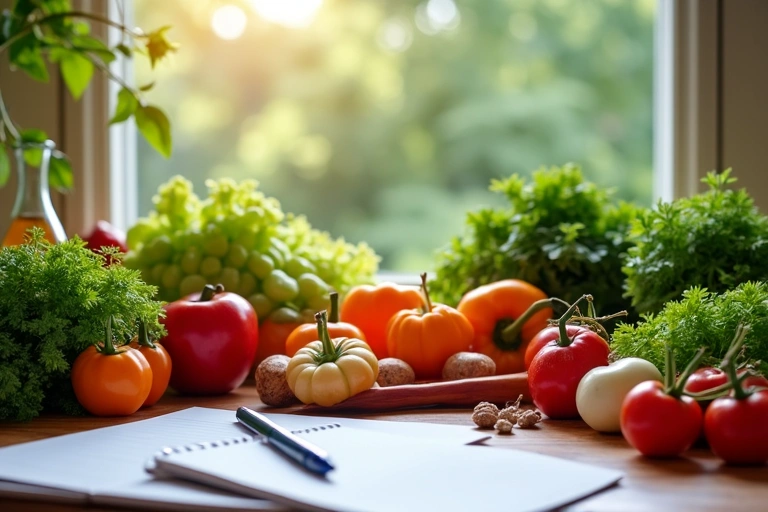 Egy asztal tele friss, színes zöldségekkel és gyümölcsökkel, melyek az egészséges táplálkozást szimbolizálják, háttérben egy jegyzetfüzet és tollal.