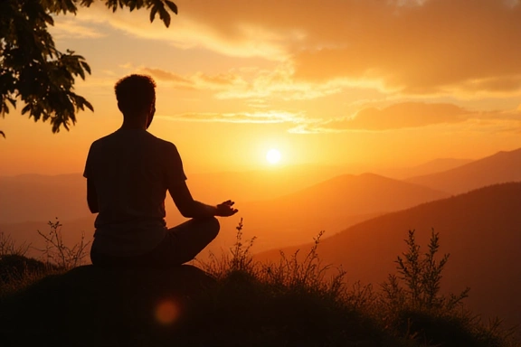 Meditáló személy sziluettje napfelkeltekor.